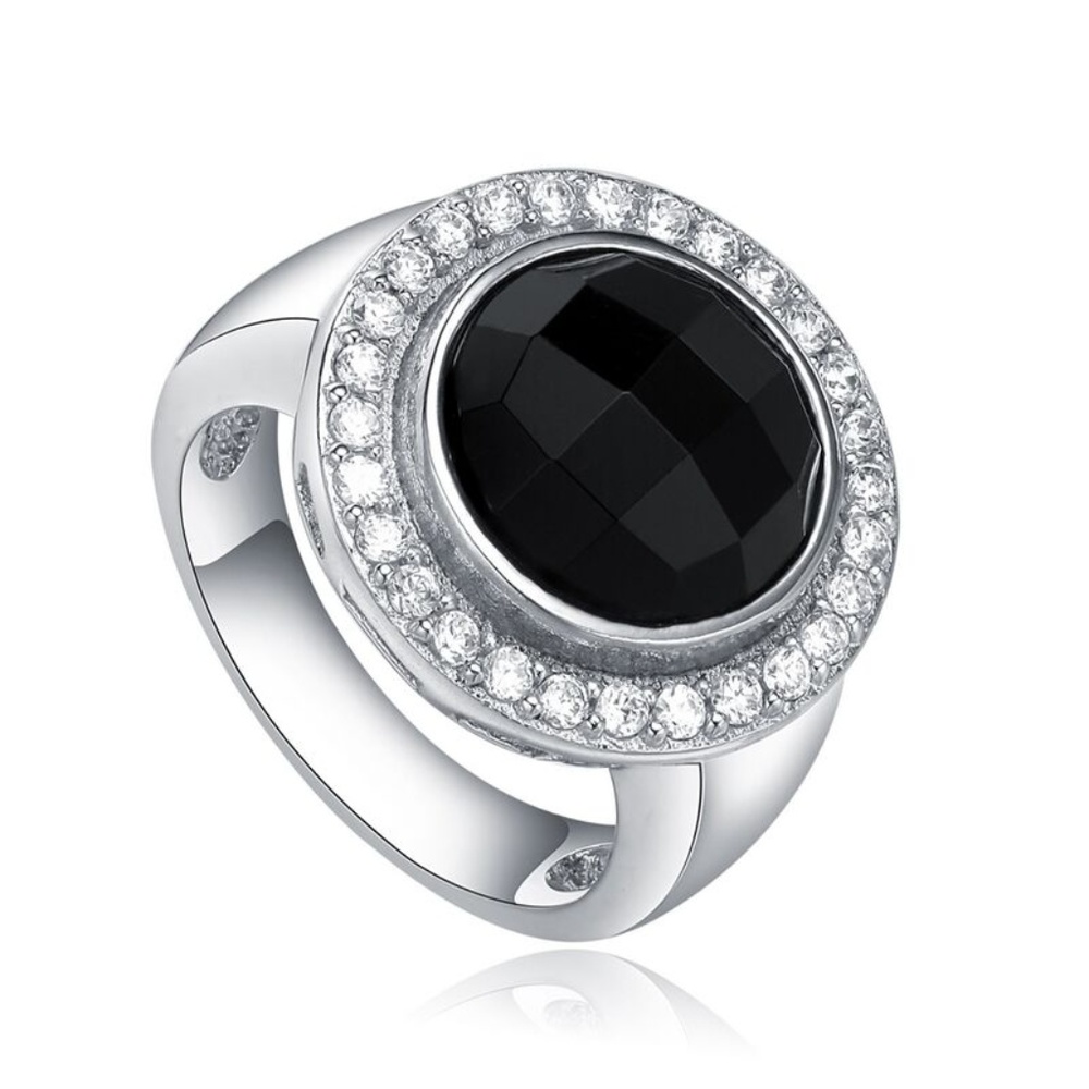 Sterling Silver, Black Agate Ring with CZ, Size 6